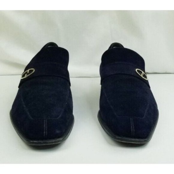 Gucci 7.5D Men s Black Suede Leather Slip On Metal Logo Strap Square Toe Loafers